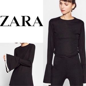 Zara Trafaluc Black Ribbed Bell Long Sleeve Tunic Top Women’s Size Large